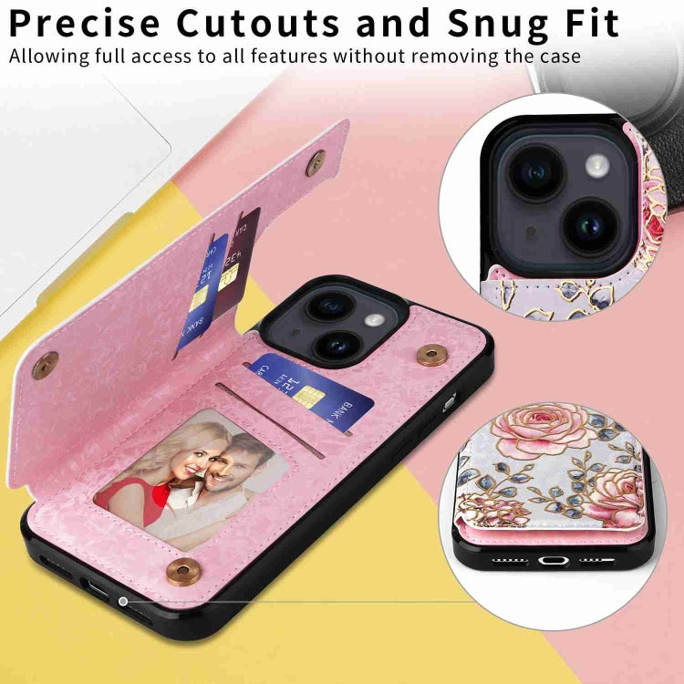 For iPhone 14 Printed Double Buckle RFID Anti-theft Phone case showcasing its stylish design and card slots.