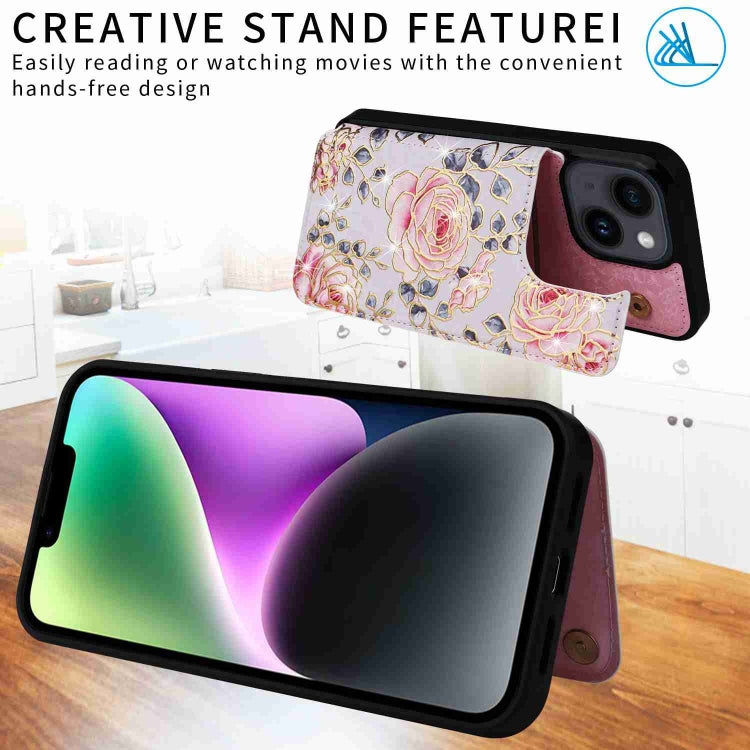 For iPhone 14 Printed Double Buckle RFID Anti-theft Phone case showcasing its stylish design and card slots.