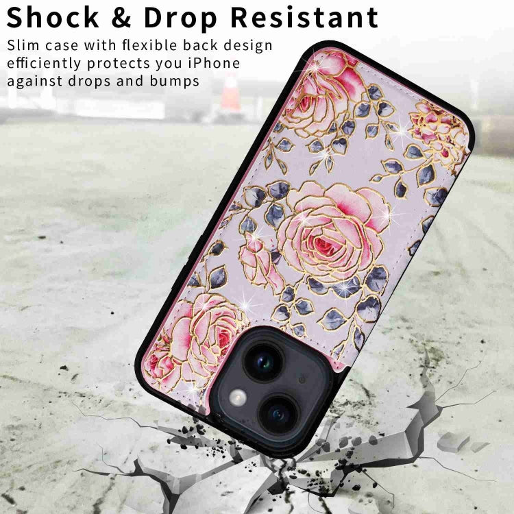 For iPhone 14 Printed Double Buckle RFID Anti-theft Phone case showcasing its stylish design and card slots.