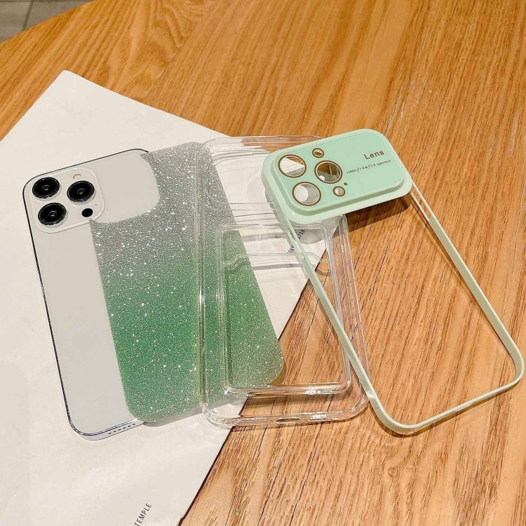 For iPhone 14 Pro Large Window Gradient Glitter Phone Case with Card, showcasing its stylish design and protective features.