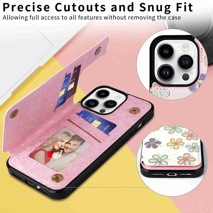 For iPhone 14 Pro Max Printed Double Buckle RFID Anti-theft Phone Case showcasing its stylish design and card storage features.