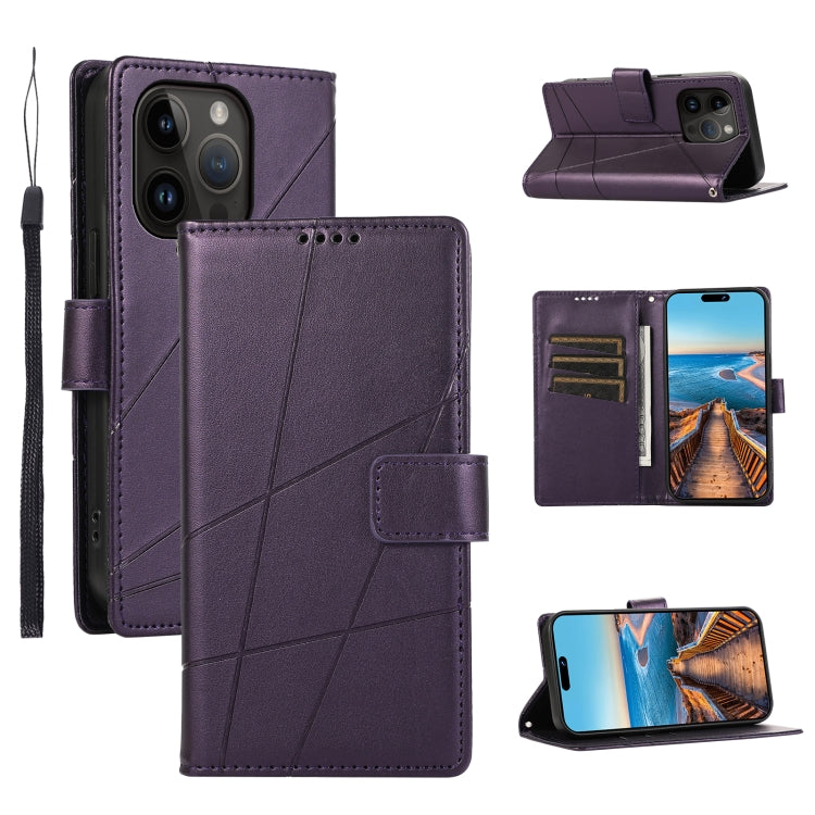For iPhone 14 Pro Max PU leather case with embossed texture, featuring card slots and a wrist strap.