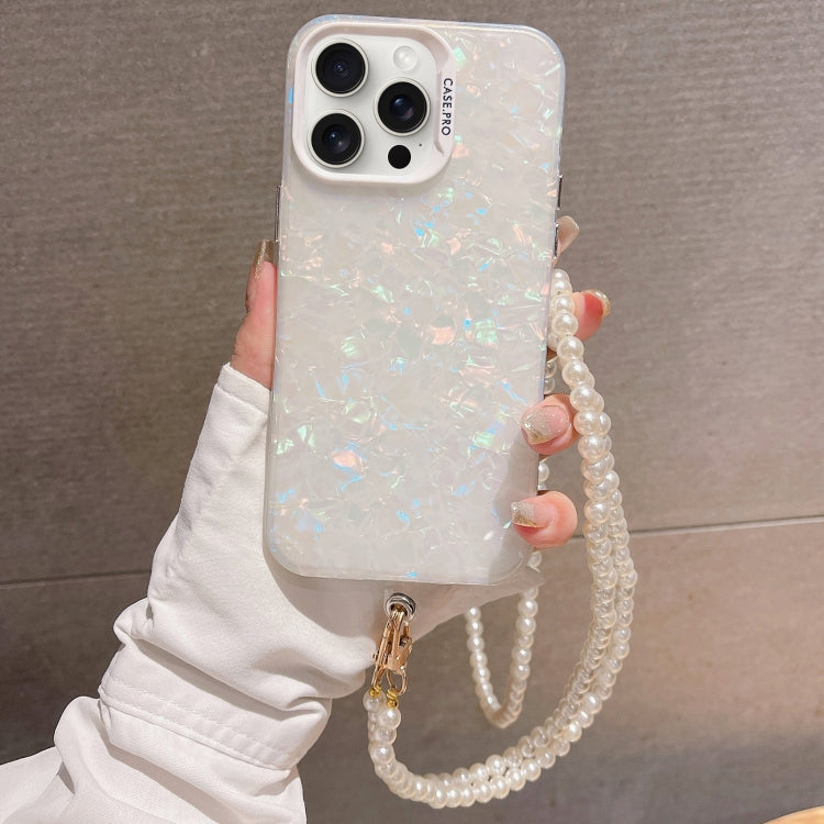 For iPhone 14 Pro Max Shell Texture Crossbody Pearl Chain TPU Hybrid case showcasing its elegant design and pearl chain.