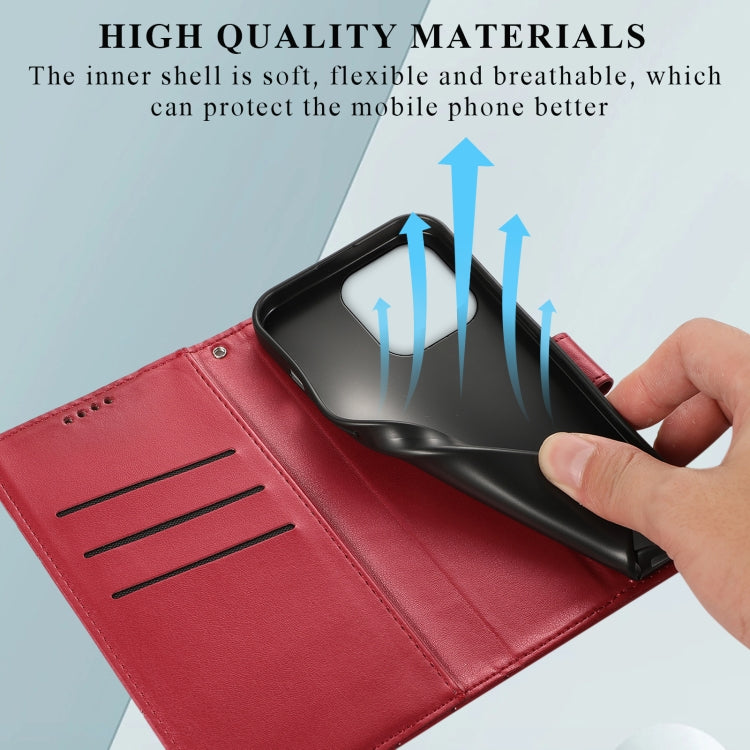 For iPhone 14 Pro PU leather case with embossed texture, featuring card slots and a wrist strap.