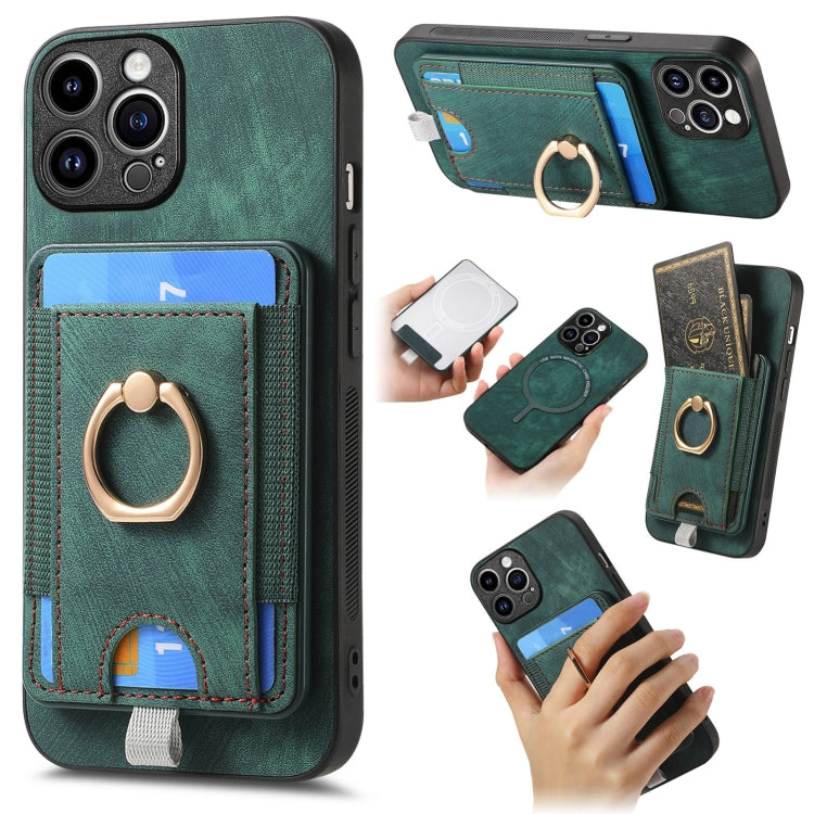 Retro Splitable Magnetic Card Bag Leather Phone case for iPhone 14 Pro, showcasing its sleek design and magnetic card wallet feature.