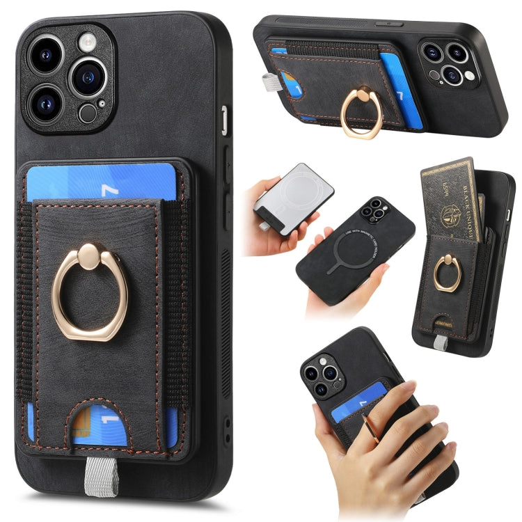 Retro Splitable Magnetic Card Bag Leather Phone case for iPhone 14 Pro, showcasing its sleek design and magnetic card wallet feature.