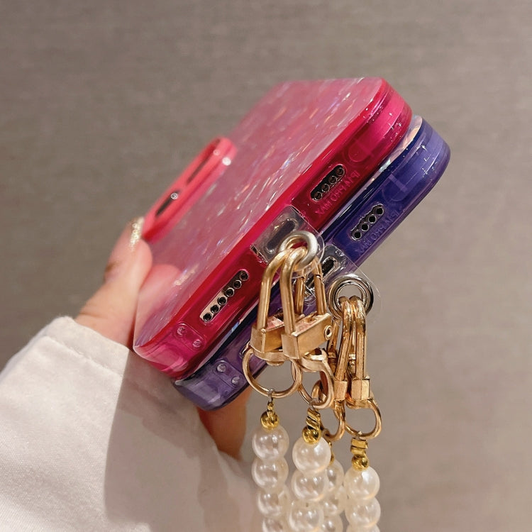 For iPhone 14 Pro Shell Texture Crossbody Case with Pearl Chain, showcasing its elegant design and durable TPU material.