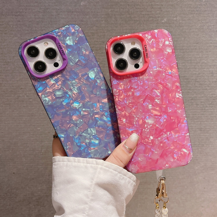 For iPhone 14 Pro Shell Texture Crossbody Pearl Chain TPU Hybrid case showcasing its elegant design and durable material.