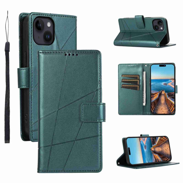 For iPhone 14 PU Genuine Leather Texture Embossed Line Phone Case with card slots and wrist strap, showcasing its stylish design and functionality.