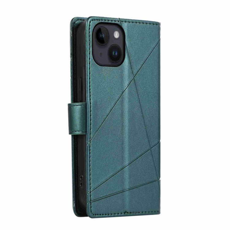 For iPhone 14 PU Genuine Leather Texture Embossed Line Phone Case with card slots and wrist strap, showcasing its stylish design and functionality.