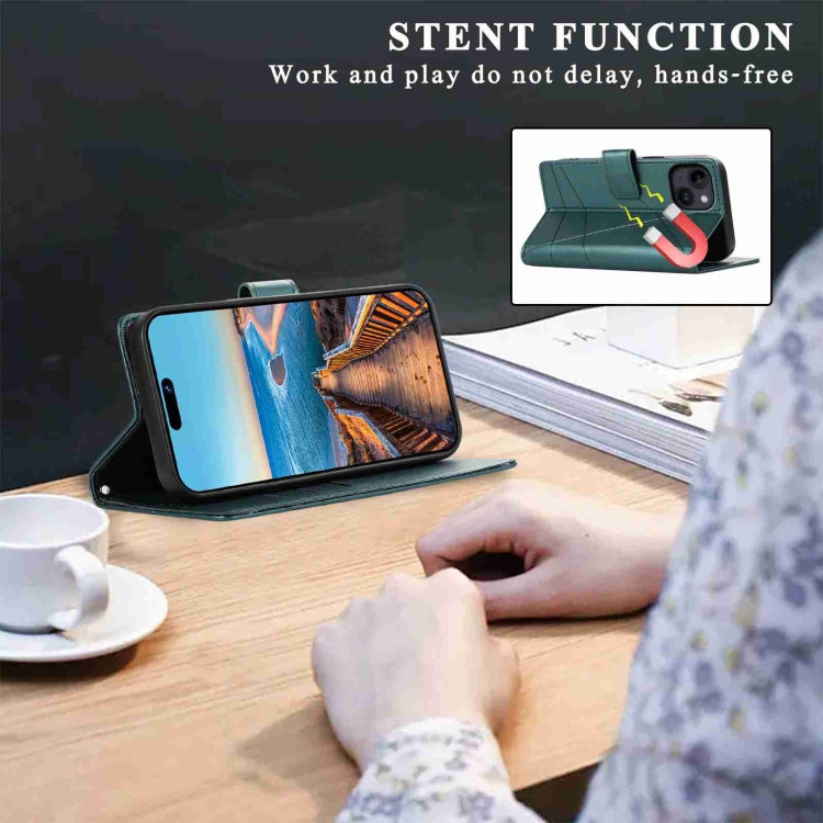 For iPhone 14 PU Genuine Leather Texture Embossed Line Phone Case with card slots and wrist strap, showcasing its stylish design and functionality.