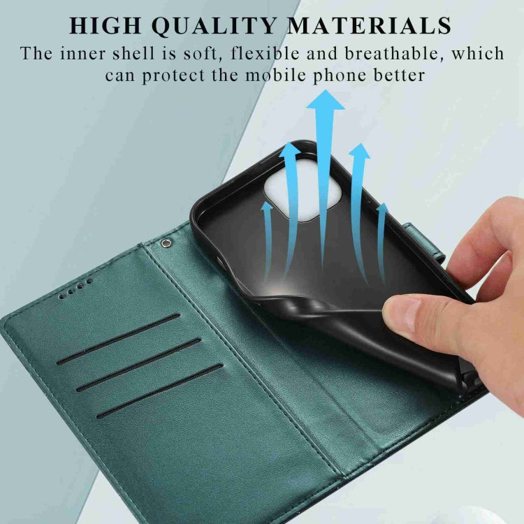 For iPhone 14 PU Genuine Leather Texture Embossed Line Phone Case with card slots and wrist strap, showcasing its stylish design and functionality.