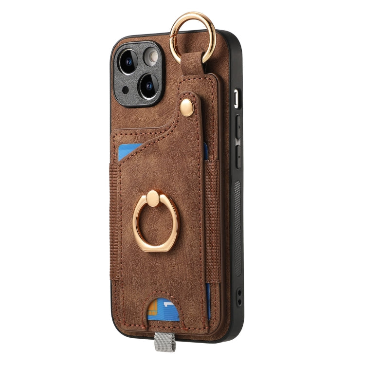 For iPhone 14 Retro Skin-feel Ring Card Bag Phone Case featuring a stylish design, card holder, and 360-degree rotating ring stand.