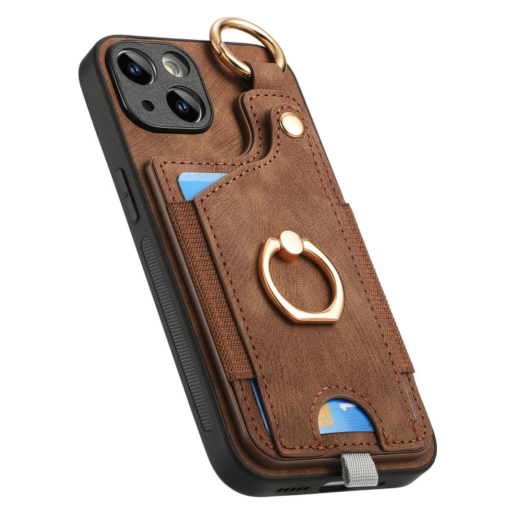 For iPhone 14 Retro Skin-feel Ring Card Bag Phone Case featuring a stylish design, card holder, and 360-degree rotating ring stand.