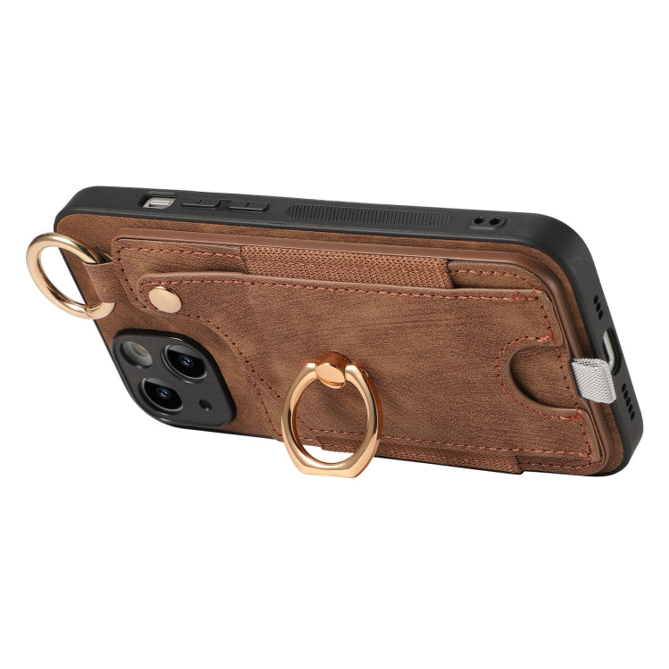 For iPhone 14 Retro Skin-feel Ring Card Bag Phone Case featuring a stylish design, card holder, and 360-degree rotating ring stand.
