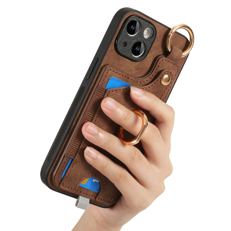 For iPhone 14 Retro Skin-feel Ring Card Bag Phone Case featuring a stylish design, card holder, and 360-degree rotating ring stand.