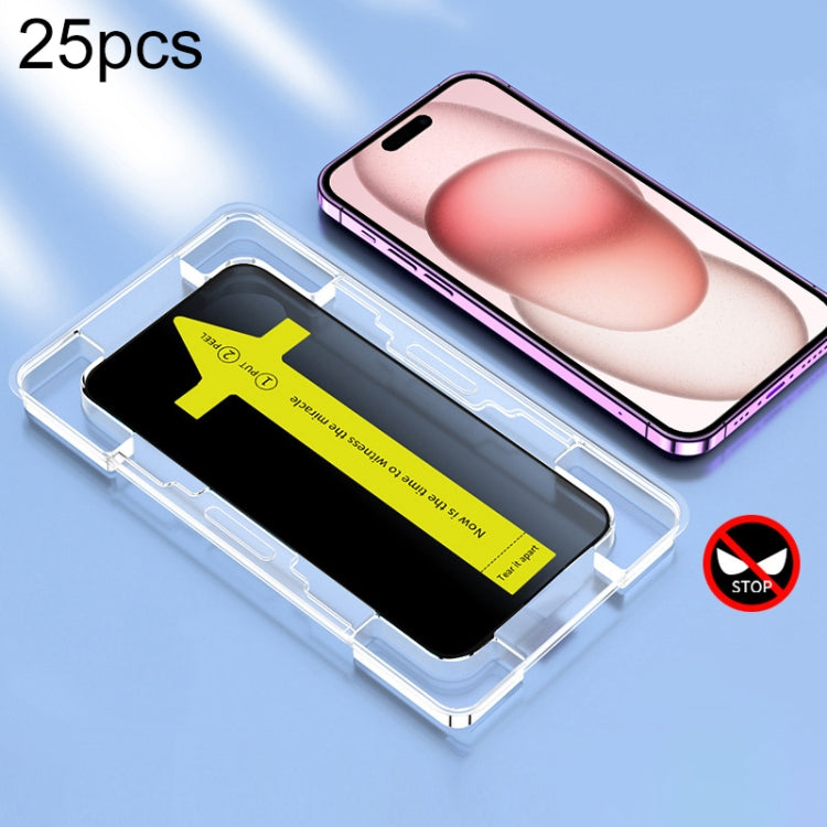 25pcs Anti-peeping Fast Attach Dust-proof Anti-static protective film for iPhone 15, showcasing its ultra-thin and flexible design.