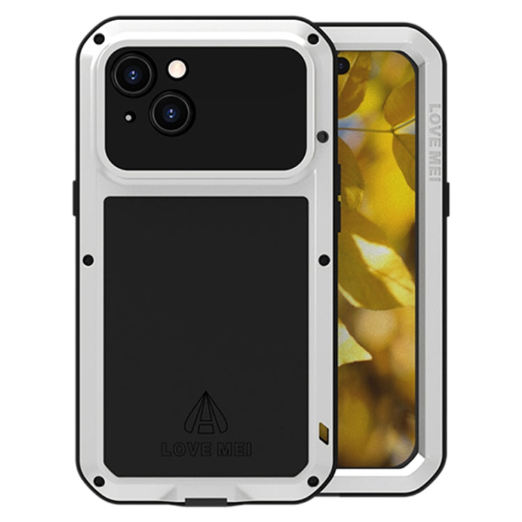 LOVE MEI Metal Shockproof case for iPhone 15, showcasing its durable design and protective features against shock, water, and dust.
