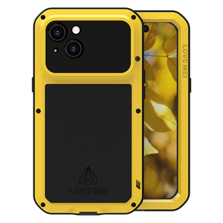 LOVE MEI Metal Shockproof case for iPhone 15, showcasing its rugged design and protective features against water, dust, and shocks.