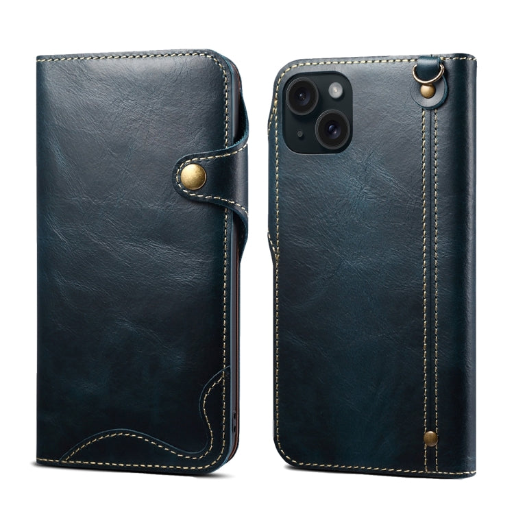 For iPhone 15 Plus Denior case made of genuine oil wax cowhide with a magnetic button, showcasing its elegant design and card slots.