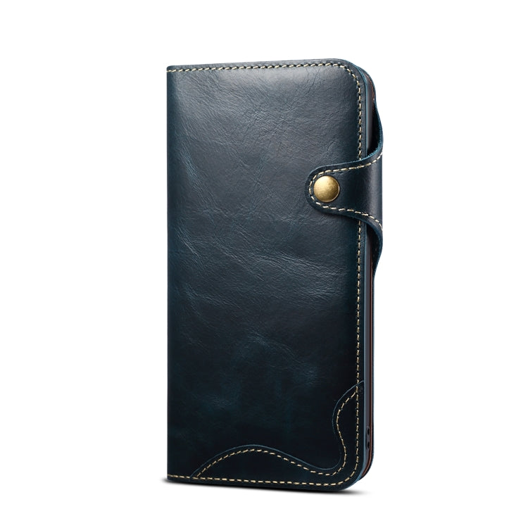 For iPhone 15 Plus Denior case made of genuine oil wax cowhide with a magnetic button, showcasing its elegant design and card slots.