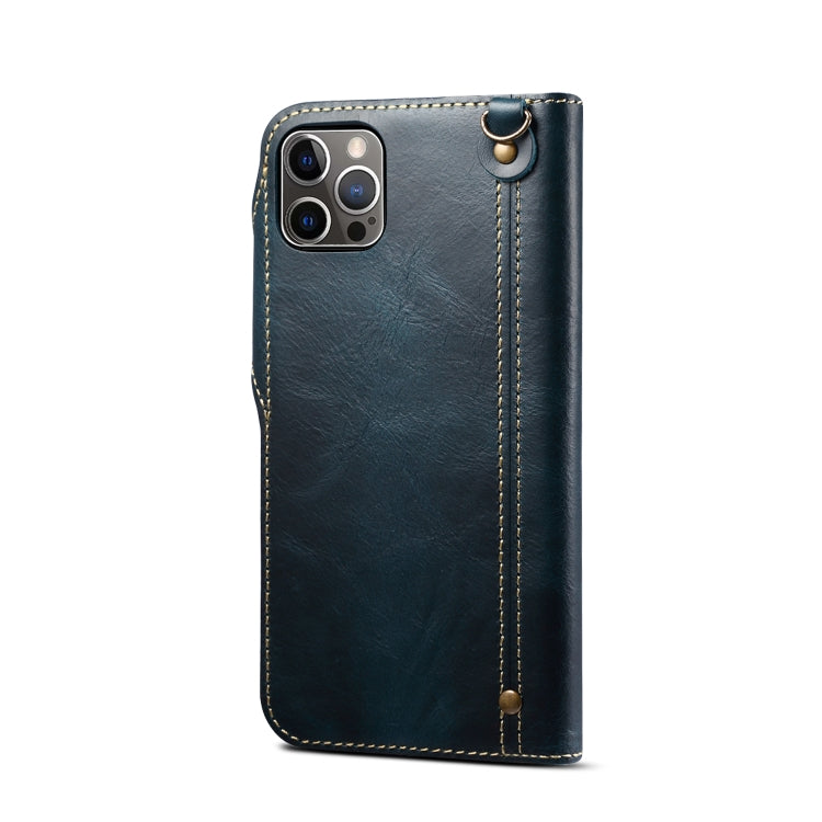 For iPhone 15 Plus Denior case made of genuine oil wax cowhide with a magnetic button, showcasing its elegant design and card slots.