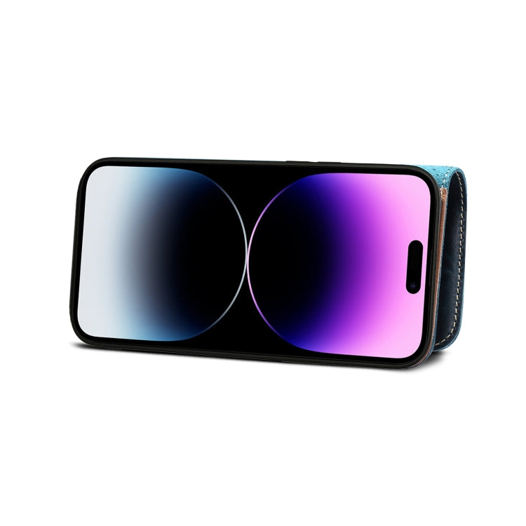 For iPhone 15 Plus Denior case made of genuine oil wax cowhide with a magnetic button, showcasing its elegant design and card slots.