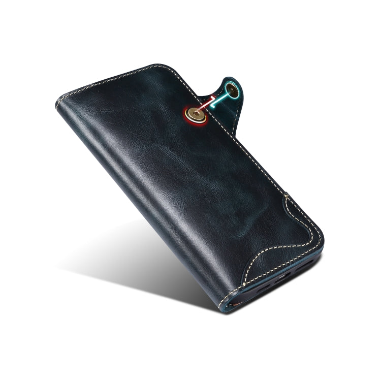 For iPhone 15 Plus Denior case made of genuine oil wax cowhide with a magnetic button, showcasing its elegant design and card slots.