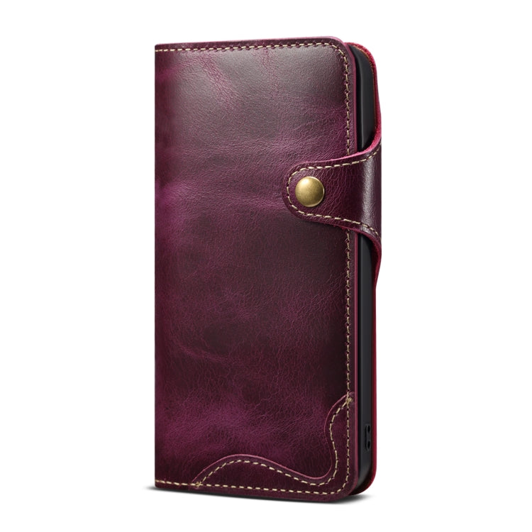 For iPhone 15 Plus Denior Oil Wax Cowhide case with magnetic button, showcasing its elegant design and card slots.