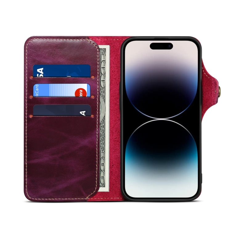 For iPhone 15 Plus Denior Oil Wax Cowhide case with magnetic button, showcasing its elegant design and card slots.