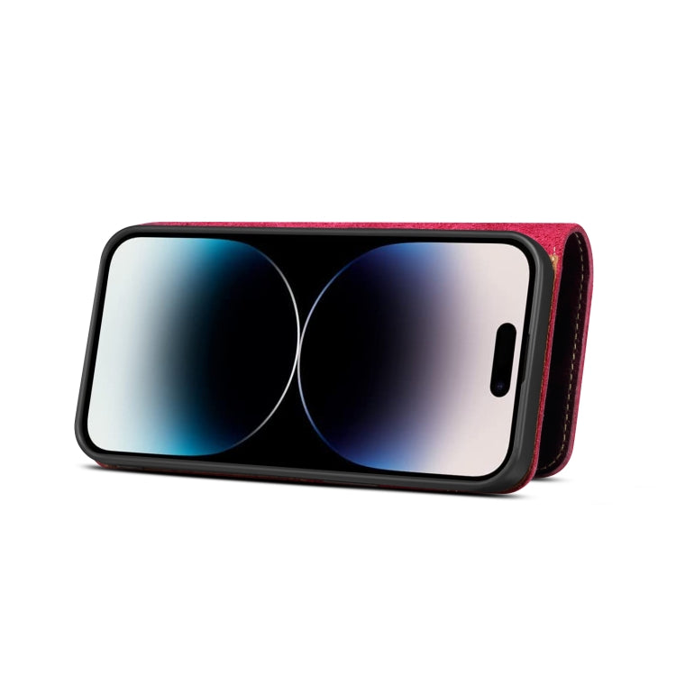 For iPhone 15 Plus Denior Oil Wax Cowhide case with magnetic button, showcasing its elegant design and card slots.