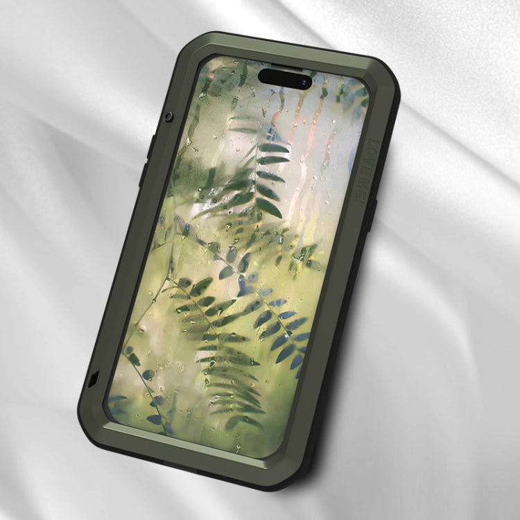 LOVE MEI Metal Shockproof case for iPhone 15 Plus, showcasing its rugged design and protective features.