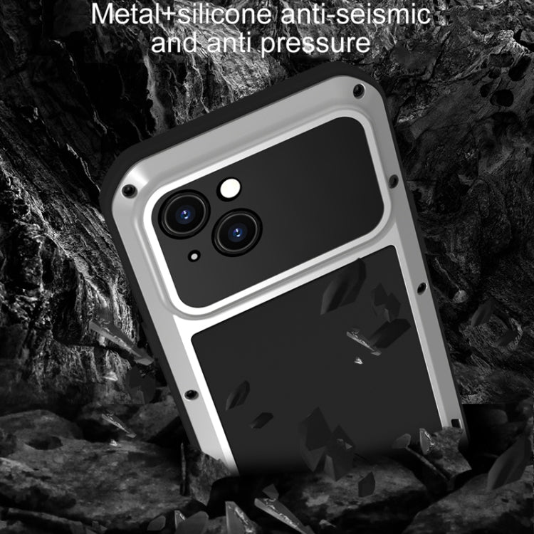 LOVE MEI Metal Shockproof case for iPhone 15 Plus, showcasing its rugged design and protective features.