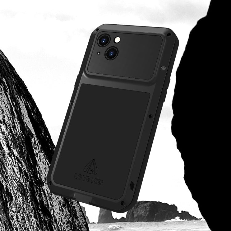 LOVE MEI Metal Shockproof case for iPhone 15 Plus, showcasing its rugged design and protective features against water, dust, and shocks.
