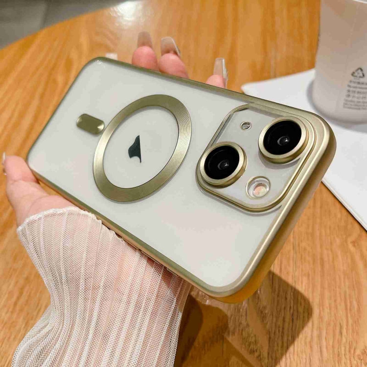 Gold MagSafe Magnetic Frosted TPU Phone Case for iPhone 15 Plus, showcasing its sleek design and protective features.