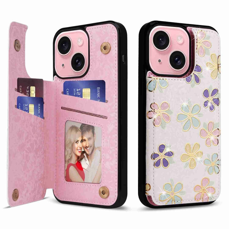 For iPhone 15 Plus Printed Double Buckle RFID Anti-theft Phone Case showcasing its stylish design and card storage features.