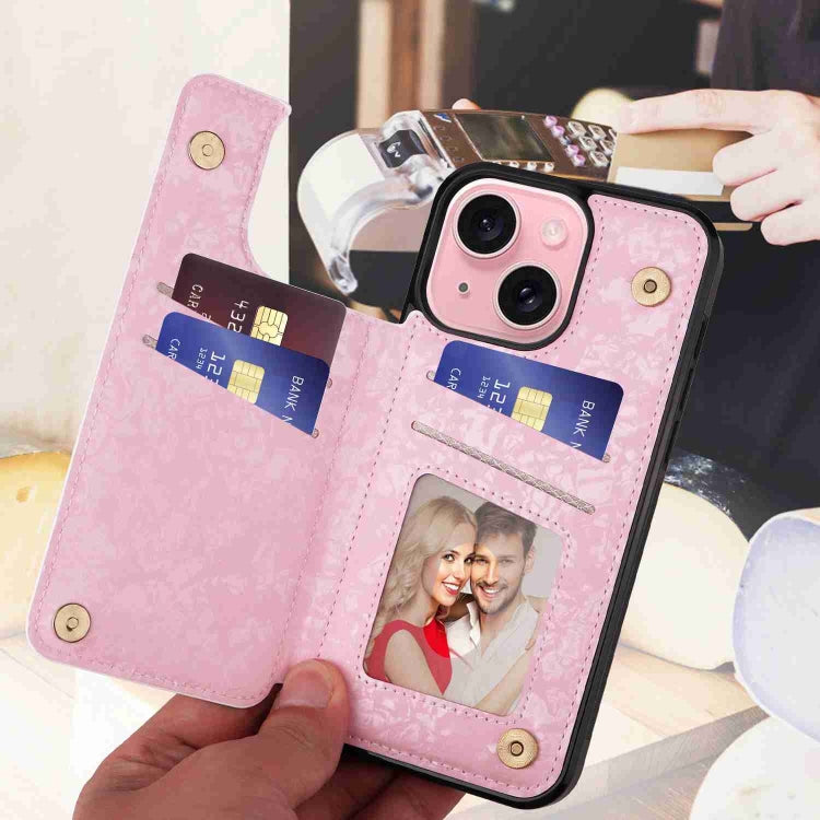 For iPhone 15 Plus Printed Double Buckle RFID Anti-theft Phone Case showcasing its stylish design and card storage features.