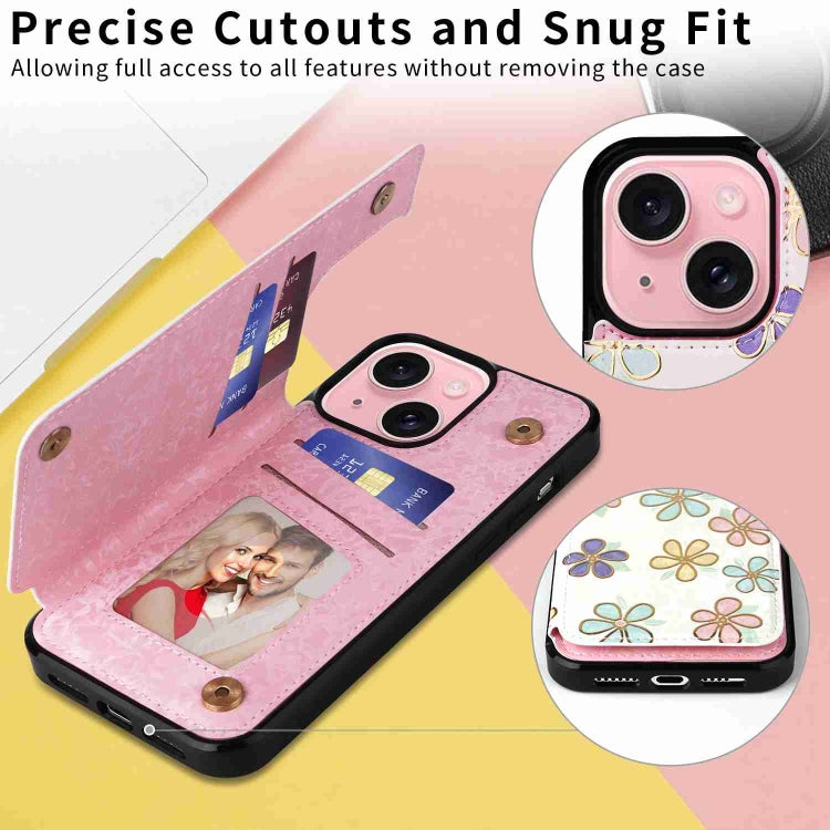For iPhone 15 Plus Printed Double Buckle RFID Anti-theft Phone Case showcasing its stylish design and card storage features.