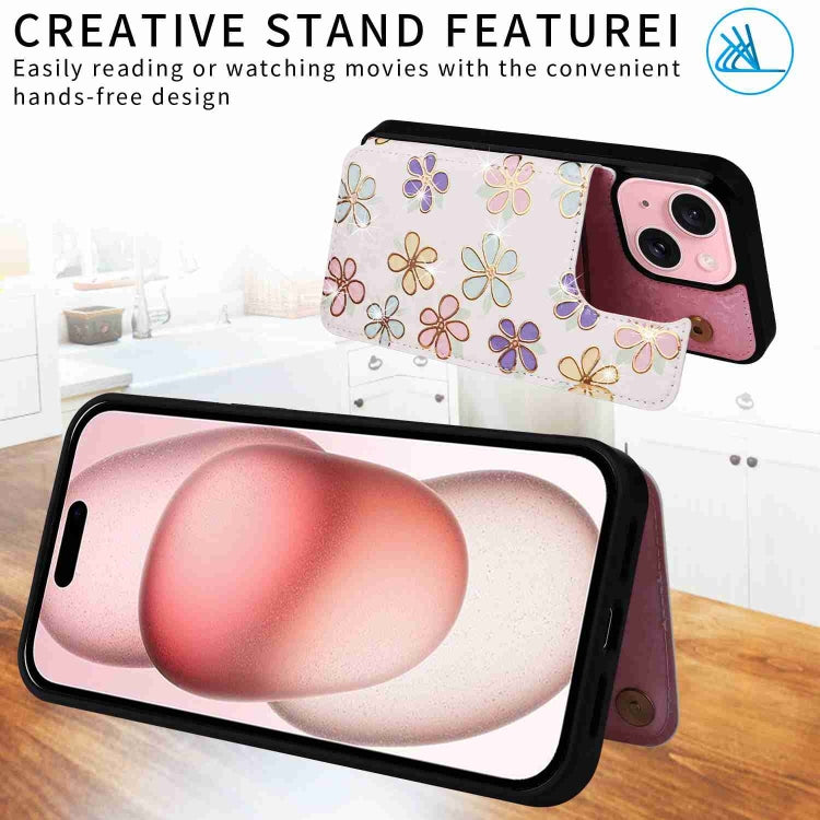 For iPhone 15 Plus Printed Double Buckle RFID Anti-theft Phone Case showcasing its stylish design and card storage features.