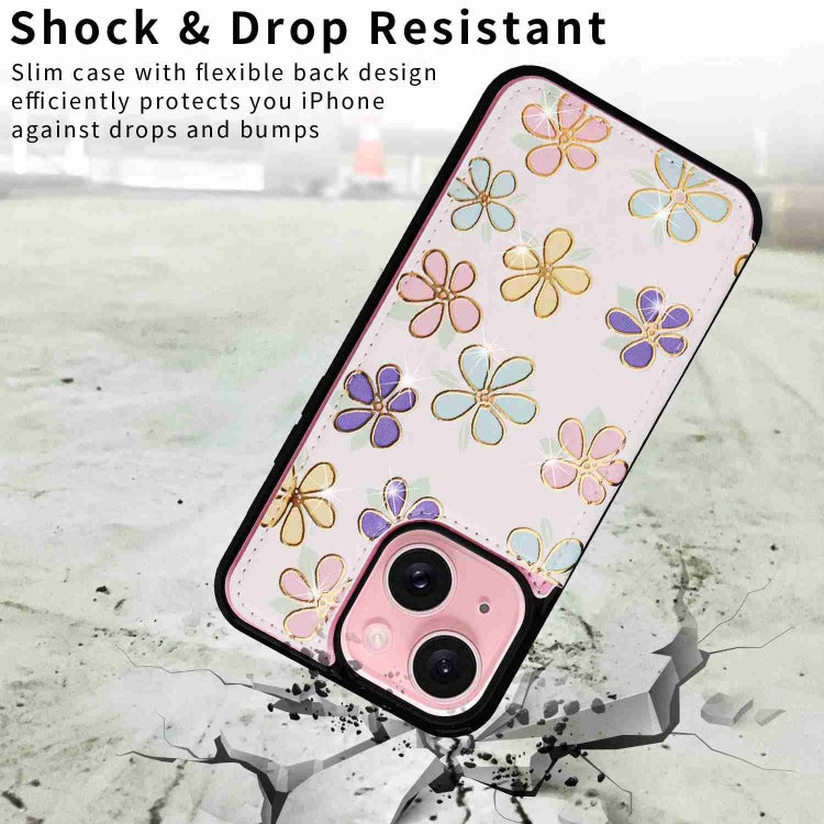 For iPhone 15 Plus Printed Double Buckle RFID Anti-theft Phone Case showcasing its stylish design and card storage features.