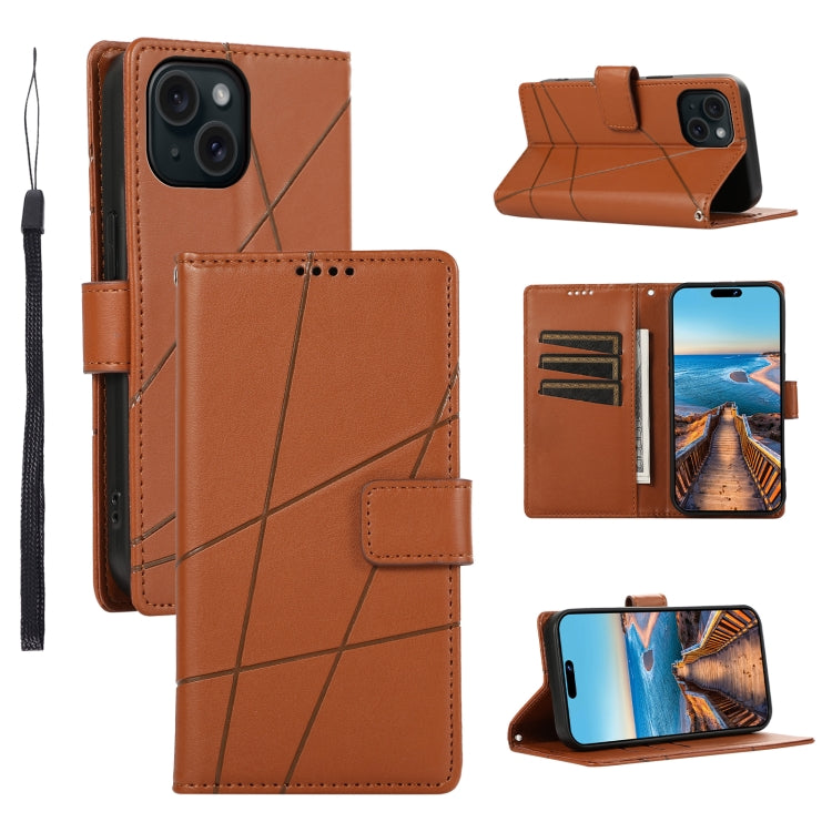 For iPhone 15 Plus PU leather case with embossed texture, featuring card slots and a wrist strap.