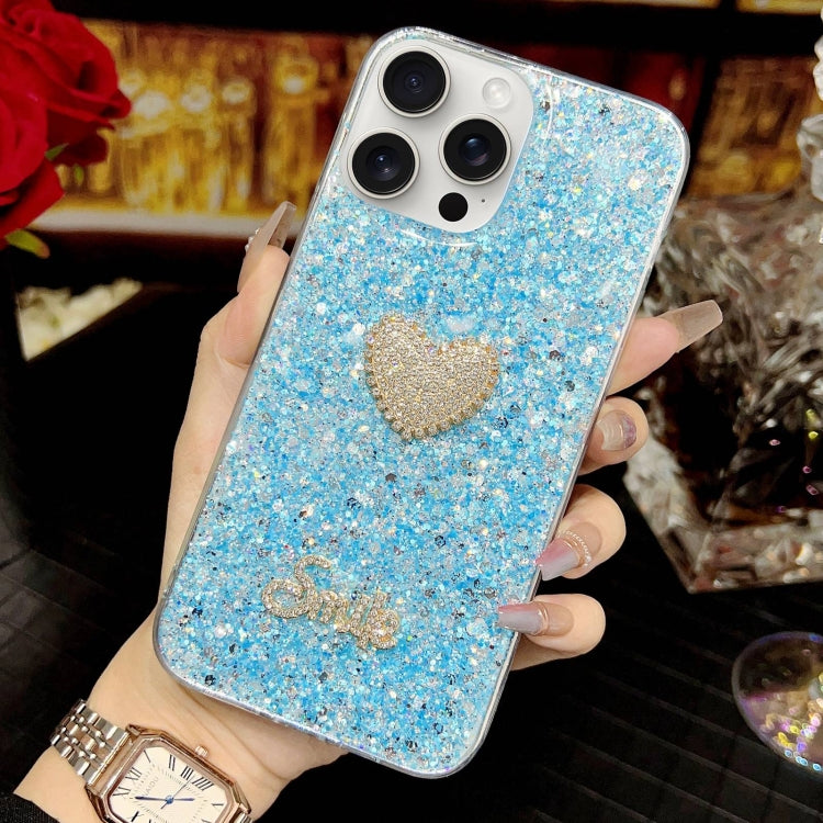 Stylish For iPhone 15 Plus Starry Sequin Diamond Heart Epoxy TPU Phone Case showcasing its durable design and fashionable diamond heart decoration.