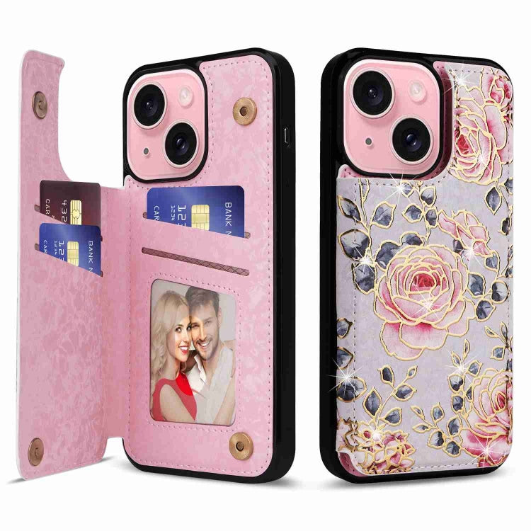 For iPhone 15 Printed Double Buckle RFID Anti-theft Phone Holder showcasing its stylish design and card storage capabilities.