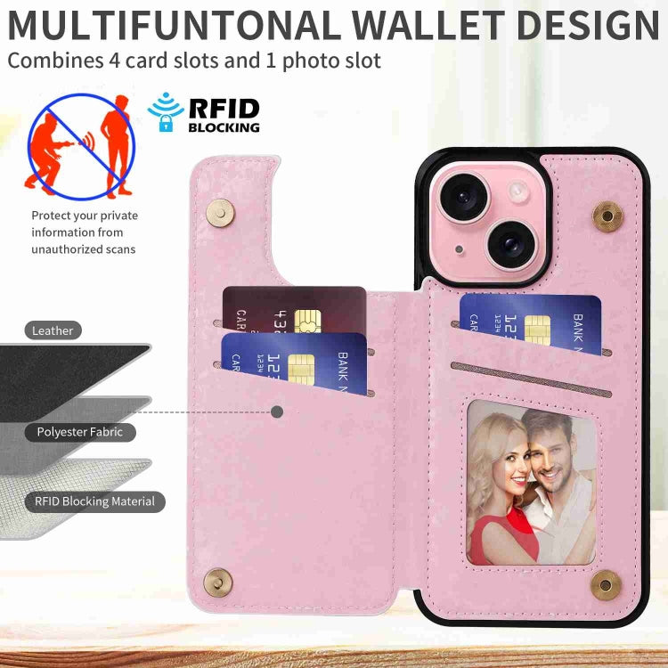 For iPhone 15 Printed Double Buckle RFID Anti-theft Phone Holder showcasing its stylish design and card storage capabilities.