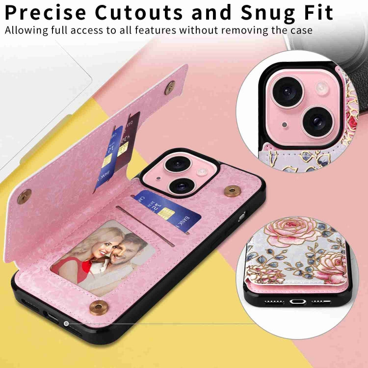 For iPhone 15 Printed Double Buckle RFID Anti-theft Phone Holder showcasing its stylish design and card storage capabilities.