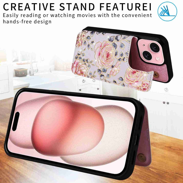 For iPhone 15 Printed Double Buckle RFID Anti-theft Phone Holder showcasing its stylish design and card storage capabilities.
