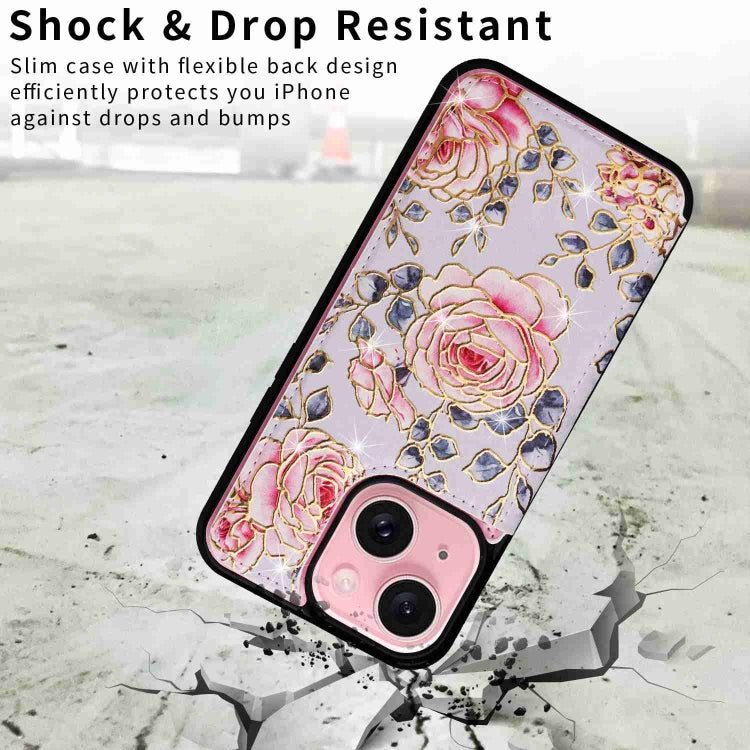 For iPhone 15 Printed Double Buckle RFID Anti-theft Phone Holder showcasing its stylish design and card storage capabilities.