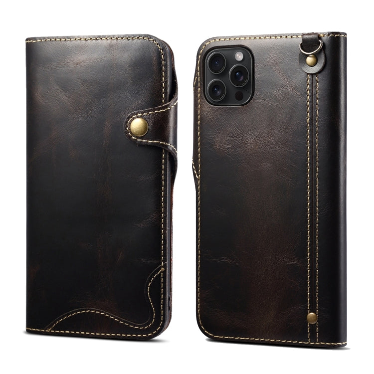 Denior Oil Wax Cowhide Magnetic Button Case for iPhone 15 Pro, showcasing its luxurious leather texture and card slots.
