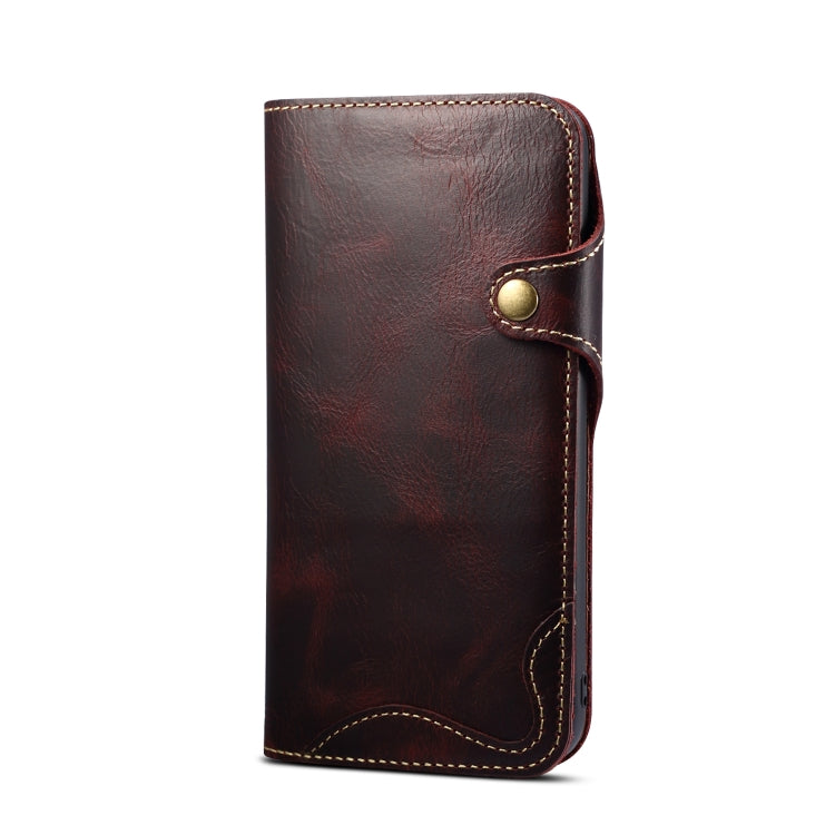 For iPhone 15 Pro Denior Oil Wax Cowhide Magnetic Button Genuine Case showcasing its luxurious leather texture and card slots.