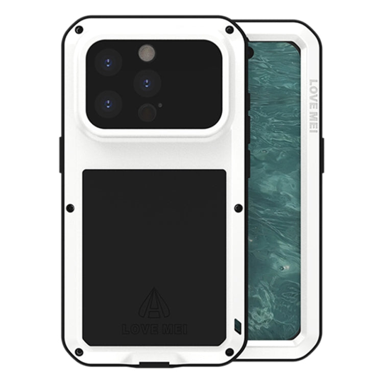 LOVE MEI Metal Shockproof Case for iPhone 15 Pro, showcasing its rugged design and protective features against shocks, water, and dust.